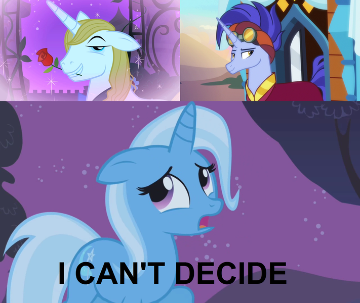 Size: 2560x2160 | Tagged: safe, derpibooru import, edit, edited screencap, screencap, hoo'far, prince blueblood, trixie, pony, saddle arabian, unicorn, boast busters, road to friendship, the best night ever, bluetrix, female, indecision, love triangle, male, mare, shipping, stallion, straight, trixfar, trixie gets all the stallions