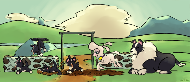 Size: 1677x729 | Tagged: artist:invertigo, big mama, community related, derpibooru import, dog, pom lamb, puppy, safe, them's fightin' herds