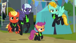 Size: 1280x720 | Tagged: safe, derpibooru import, screencap, lightning dust, rolling thunder, scootaloo, short fuse, pegasus, pony, the washouts (episode), clothes, female, filly, flag, flying, foal, male, mare, pint-sized dynamite, raised eyebrow, recruitment, stallion, tent, the washouts, uniform, washouts uniform