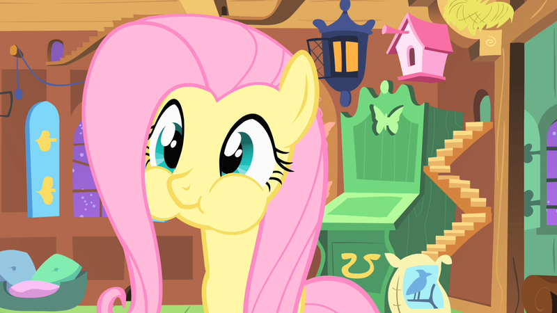 Size: 1280x720 | Tagged: safe, derpibooru import, screencap, fluttershy, pegasus, pony, stare master, :t, bird house, cute, female, fluttershy's cottage, fluttershy's cottage (interior), holding breath, lantern, mare, puffy cheeks, shyabetes