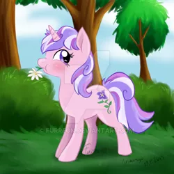 Size: 600x600 | Tagged: safe, artist:furreon, derpibooru import, oc, unofficial characters only, pony, unicorn, adoptable, adopted, aweeg*, deviantart watermark, eating, female, flower, horses doing horse things, mare, not diamond tiara, obtrusive watermark, puffy cheeks, solo, tree, watermark