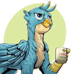 Size: 700x729 | Tagged: safe, artist:brother-lionheart, derpibooru import, gallus, gryphon, the hearth's warming club, abstract background, circle background, coffee mug, cup, holly, male, mug, solo