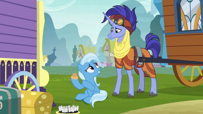 Size: 1280x720 | Tagged: safe, derpibooru import, screencap, hoo'far, trixie, pony, saddle arabian, unicorn, road to friendship, clothes, doorknob, duo, female, goggles, male, mare, ms. powerful, stallion