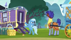 Size: 1280x720 | Tagged: safe, derpibooru import, screencap, hoo'far, trixie, pony, saddle arabian, unicorn, road to friendship, clothes, duo, female, goggles, male, mare, ms. powerful, stallion, trixie's wagon