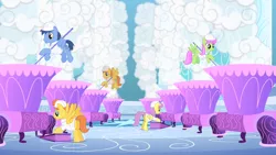 Size: 1280x720 | Tagged: safe, derpibooru import, screencap, blues, merry may, noteworthy, parasol, warm front, pegasus, pony, sonic rainboom (episode), background pony, clothes, cloud, female, flying, hard hat, male, mare, self ponidox, stallion, uniform, weather factory, weather factory uniform