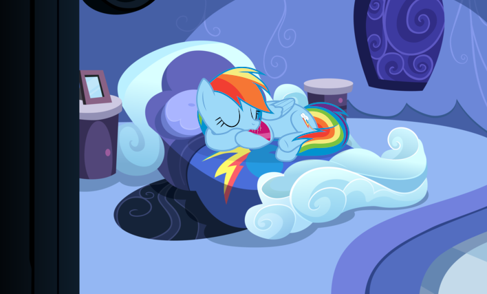 Size: 708x427 | Tagged: safe, artist:mlpvideos, derpibooru import, rainbow dash, bed, chewing, cute, dashabetes, eating, mouth hold, rainbow dash's house, requested art, sleeping, solo, vector