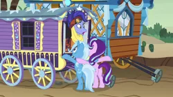 Size: 1280x720 | Tagged: safe, derpibooru import, screencap, hoo'far, starlight glimmer, trixie, pony, saddle arabian, unicorn, road to friendship, clothes, female, goggles, hoo'far's wagon, male, mare, ms. powerful, stallion, trio, trixie's wagon