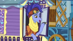 Size: 1280x720 | Tagged: safe, derpibooru import, screencap, hoo'far, pony, saddle arabian, unicorn, road to friendship, clothes, goggles, hoo'far's wagon, male, solo, stallion, trixie's wagon