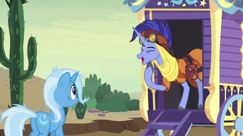 Size: 1280x720 | Tagged: safe, derpibooru import, screencap, hoo'far, trixie, pony, saddle arabian, unicorn, road to friendship, cactus, clothes, duo, eyes closed, female, male, mare, saguaro cactus, stallion, trixie's wagon