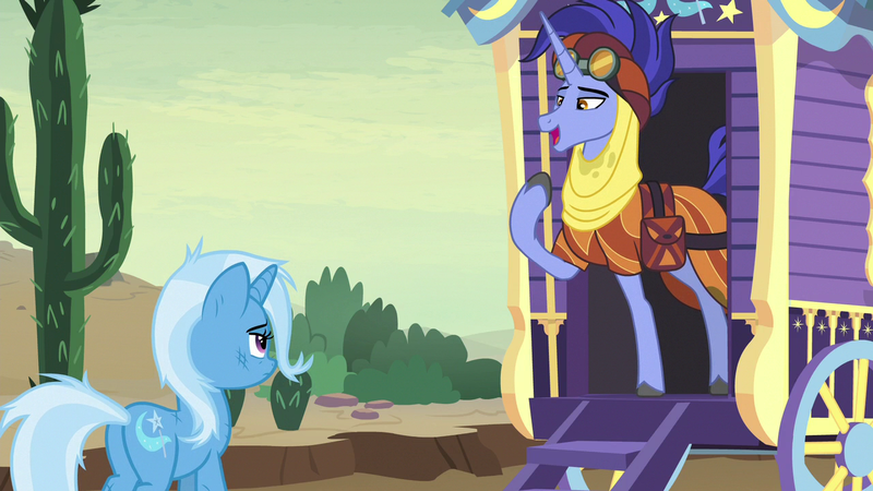 Size: 1280x720 | Tagged: safe, derpibooru import, screencap, hoo'far, trixie, pony, saddle arabian, unicorn, road to friendship, cactus, clothes, duo, female, goggles, male, mare, saguaro cactus, stallion, trixie's wagon