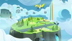 Size: 1280x720 | Tagged: safe, derpibooru import, screencap, high winds, lightning streak, misty fly, surprise, wind waker (character), pegasus, pony, secrets and pies, clothes, cloud, plateau, rainbow waterfall, river, runway, scenery, stream, uniform, wonderbolts headquarters, wonderbolts uniform