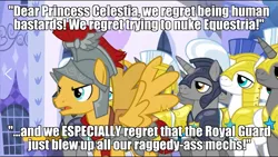 Size: 1575x890 | Tagged: a rockhoof and a hard place, badass, caption, derpibooru import, flash magnus, halo (series), humanity fuck no, image macro, meme, misanthropy, quote, royal guard, safe, text, vulgar