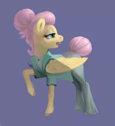 Size: 1280x1405 | Tagged: safe, artist:quetex, derpibooru import, fluttershy, pegasus, pony, fake it 'til you make it, alternate hairstyle, clothes, female, raised hoof, severeshy, simple background, solo, wings