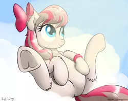 Size: 1474x1174 | Tagged: safe, artist:bluemeganium, derpibooru import, angel wings, pegasus, pony, bow, cloud, featureless crotch, female, frog (hoof), hair bow, hoof fluff, hooves, lying on a cloud, mare, not what it looks like, on a cloud, on back, presenting, sky, smiling, solo, sunshine, underhoof, wings