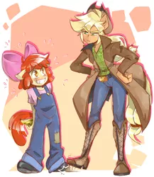 Size: 1300x1500 | Tagged: anthro, apple bloom, applejack, artist:thegreatrouge, banana, bananabloom, boots, bow, clothes, coat, cowboy hat, derpibooru import, dishonorapple, dungarees, female, food, fruit, grin, hair bow, hand on hip, hands behind back, hat, hiding, jeans, johnny johnny yes papa, nervous, overalls, pants, plantigrade anthro, safe, shifty, shoes, siblings, sisters, smiling, stetson, the washouts (episode)