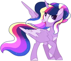 Size: 1908x1652 | Tagged: safe, artist:leanne264, derpibooru import, twilight sparkle, twilight sparkle (alicorn), alicorn, pony, alternate design, blaze (coat marking), ethereal mane, female, mare, open mouth, rainbow power, raised hoof, redesign, simple background, solo, starry mane, transparent background, ultimate twilight