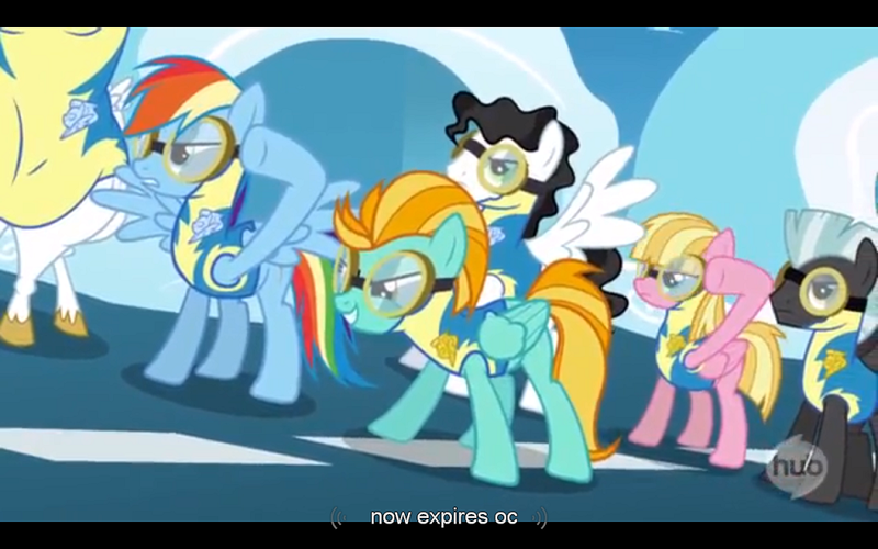 Size: 1024x640 | Tagged: black bars, bulk biceps, caption, clothes, derpibooru import, edit, edited screencap, hub logo, lightning dust, meadow flower, meme, mercury, milky way, rainbow dash, roid rage, safe, screencap, starry eyes (character), thunderlane, uniform, wonderbolts academy, wonderbolt trainee uniform, youtube caption