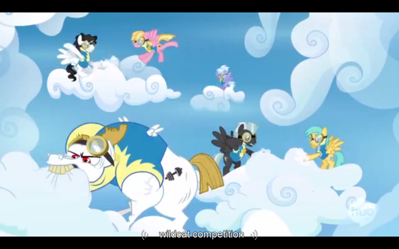 Size: 1024x640 | Tagged: bulk biceps, caption, clothes, cloudchaser, derpibooru import, edit, edited screencap, meadow flower, meme, mercury, milky way, roid rage, safe, screencap, starry eyes (character), sunshower raindrops, thunderlane, uniform, wonderbolts academy, wonderbolt trainee uniform, youtube caption