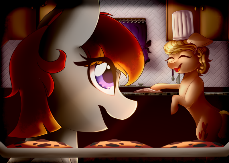 Size: 1912x1368 | Tagged: artist:xxmissteaxx, baking, chef's hat, cookie, couple, derpibooru import, female, food, hat, kitchen, laughing, oc, oc:arian blaze, oc:vital sparkle, safe, smiling