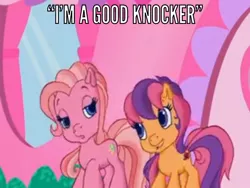 Size: 998x749 | Tagged: caption, derpibooru import, edit, edited screencap, g3, image macro, lidded eyes, meme, pinkie pie (g3), safe, scootaloo (g3), screencap, sweetie belle's gumball house surprise, text