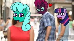 Size: 1280x720 | Tagged: artist:徐詩珮, derpibooru import, distracted boyfriend meme, female, glitter drops, glittershadow, lesbian, love triangle, my little pony: the movie, safe, shipping, tempestlight, tempest shadow, twilight sparkle