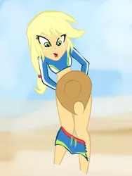 Size: 774x1032 | Tagged: suggestive, artist:korihor23, derpibooru import, applejack, equestria girls, applejack's hat, beach, bikini, bottomless, clothes, covering, cowboy hat, embarrassed, embarrassed nude exposure, female, hat, hat censor, implied nudity, nudity, partial nudity, show accurate, solo, solo female, swimsuit, wardrobe malfunction