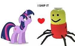 Size: 836x508 | Tagged: safe, anonymous artist, anonymous editor, artist:byteslice, derpibooru import, edit, twilight sparkle, pony, spider, unicorn, swarm of the century, 1000 hours in ms paint, 1000 years in photoshop, :>, :t, context is for the weak, crack shipping, crossover, crossover shipping, despacito, despacito spider, female, floppy ears, go commit die, heart, i ship it, looking up, male, mare, meme, mr. oof, not salmon, oof, op is on drugs, roblox, shipping, simple background, smiling, speech bubble, straight, text, unicorn twilight, wat, white background, why