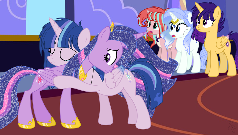 Size: 4347x2467 | Tagged: safe, artist:ilaria122, derpibooru import, twilight sparkle, twilight sparkle (alicorn), oc, oc:midnight glam, oc:sapphire blue, oc:shooting star (ilaria122), oc:velvet star, alicorn, pony, unicorn, braid, crown, crying, ethereal mane, female, hug, jewelry, mama twilight, mare, next generation, offspring, parent:fancypants, parent:flash sentry, parent:rarity, parent:starlight glimmer, parent:sunburst, parent:twilight sparkle, parents:flashlight, parents:raripants, parents:starburst, regalia, simple background, starry mane, twilight's castle, ultimate twilight