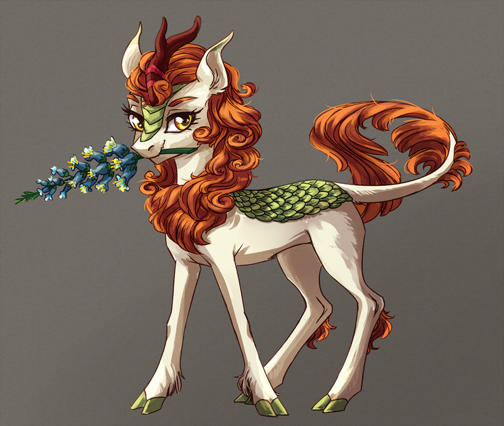 Size: 1600x1354 | Tagged: artist:weird--fish, autumn blaze, cloven hooves, colored hooves, derpibooru import, female, flower, foal's breath, gray background, kirin, lidded eyes, looking at you, mouth hold, safe, simple background, solo, sounds of silence