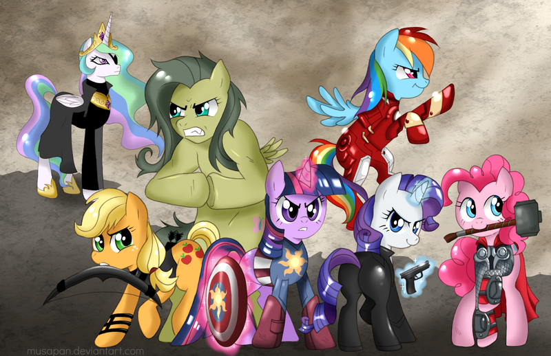 Size: 1330x861 | Tagged: applejack, artist:musapan, avengers, black widow (marvel), butt, captain america, crossover, derpibooru import, flutterhulk, fluttershy, hawkeye, hilarious in hindsight, iron man, mane six, marvel, nick fury, parody, pinkie pie, plot, princess celestia, rainbow dash, rarity, safe, s.h.i.e.l.d., the incredible hulk, thor, twilight sparkle