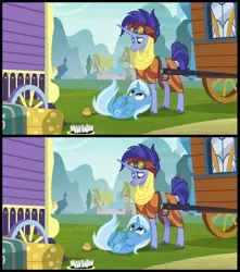 Size: 1308x1480 | Tagged: safe, artist:s1nb0y, derpibooru import, edit, edited screencap, screencap, hoo'far, trixie, pony, saddle arabian, unicorn, road to friendship, comparison, cute, diatrixes, female, male, mare, on back, shipping, stallion, straight, trixfar