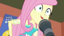 Size: 1280x720 | Tagged: safe, derpibooru import, screencap, fluttershy, equestria girls, equestria girls series, fluttershy's butterflies, announcer, excited, female, fluttershy's butterflies: rainbow dash, football, geode of fauna, magical geodes, microphone, smiling, solo, sports, wide eyes