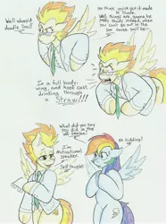 Size: 4521x6089 | Tagged: safe, artist:flicker-show, derpibooru import, rainbow dash, spitfire, pegasus, pony, the washouts (episode), absurd resolution, angry, bipedal, chris farley, cross-popping veins, dialogue, female, glasses, looking at each other, mare, matt foley, open mouth, saturday night live, shout, shrunken pupils, smiling, spread wings, sweat, sweatdrop, text, underhoof, wings