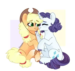 Size: 1380x1300 | Tagged: safe, artist:fioweress, derpibooru import, applejack, rarity, earth pony, pony, unicorn, alternate hairstyle, applejack's hat, colored hooves, cowboy hat, cute, eyes closed, female, hat, jackabetes, lesbian, nuzzling, raribetes, rarijack, shipping, simple background, unshorn fetlocks