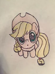 Size: 1024x1365 | Tagged: safe, artist:rollo-linwood, deleted from derpibooru, derpibooru import, applejack, earth pony, pony, applejack's hat, cowboy hat, cute, female, hat, jackabetes, looking at you, mare, solo, traditional art