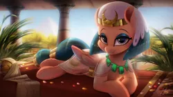 Size: 2500x1406 | Tagged: safe, artist:light262, derpibooru import, somnambula, pegasus, pony, daring done?, adorasexy, apple of eden, assassin's creed, beautiful, bedroom eyes, chest fluff, clothes, crossover, cute, ear fluff, egyptian, eyeshadow, female, jewelry, looking at you, makeup, mare, necklace, pretty, prone, sexy, smiling, solo, somnambetes, wings