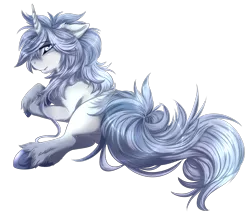 Size: 1491x1297 | Tagged: safe, artist:requiem♥, derpibooru import, oc, oc:ezekiel, unofficial characters only, pony, unicorn, blue eyes, blue mane, chest fluff, colored hooves, curved horn, cute, cute little fangs, ear fluff, fangs, fluffy, hooves, horn, long mane, long tail, looking at you, looking back, looking back at you, male, rear view, side, simple background, solo, stallion, transparent background, underhoof, unshorn fetlocks, white fur