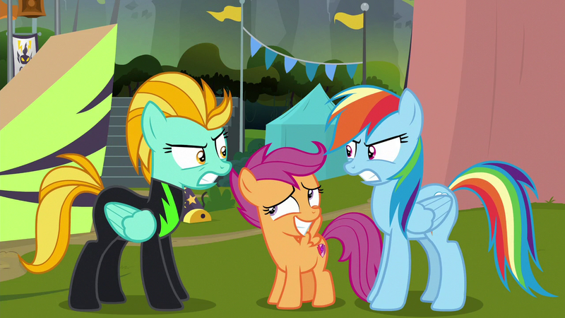 Size: 1280x720 | Tagged: safe, derpibooru import, screencap, lightning dust, rainbow dash, scootaloo, pegasus, pony, the washouts (episode), angry, clothes, curtain, female, filly, flag, mare, ramp, trio, uniform, washouts uniform