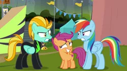 Size: 1280x720 | Tagged: safe, derpibooru import, screencap, lightning dust, rainbow dash, scootaloo, pegasus, pony, the washouts (episode), angry, clothes, curtain, female, filly, flag, mare, ramp, trio, uniform, washouts uniform