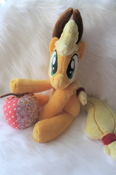 Size: 3648x5472 | Tagged: safe, artist:kazzysart, derpibooru import, applejack, earth pony, pony, applejack's hat, beanie (plushie), cowboy hat, female, hat, irl, mare, photo, plushie, sitting, solo