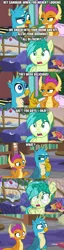 Size: 900x3528 | Tagged: safe, derpibooru import, screencap, gallus, sandbar, smolder, dragon, earth pony, gryphon, pony, the hearth's warming club, what lies beneath, caption, comic, confused, dragoness, female, frown, image macro, implied drug use, implied marijuana, lidded eyes, male, meme, raised eyebrow, shrug, sitting, smiling, smirk, teenager, text, thinking, wide eyes, worried