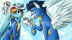 Size: 1440x803 | Tagged: safe, artist:vago-xd, derpibooru import, rainbow dash, soarin', oc, clothes, cute, female, flying, hat, laughing, male, offspring, paper hat, parent:rainbow dash, parent:soarin', parents:soarindash, shipping, soarindash, spread wings, straight, uniform, wings, wonderbolts uniform