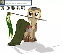 Size: 1280x1098 | Tagged: safe, artist:sintakhra, derpibooru import, mjölna, earth pony, pony, ask sandy pony, armor, cloak, clothes, flag, helmet, lord of the rings, mouth hold, rohan, solo