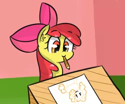 Size: 1302x1081 | Tagged: safe, artist:artiks, derpibooru import, apple bloom, pear butter, earth pony, pony, apple bloom's bow, bow, feels, female, hair bow, mare, mouth hold, pencil, solo