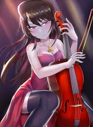 Size: 800x1091 | Tagged: safe, artist:tzc, derpibooru import, octavia melody, equestria girls, anime, beautiful, bedroom eyes, bow (instrument), breasts, cello, classy, cleavage, clothes, crepuscular rays, cutie mark accessory, cutie mark necklace, dress, female, image, jewelry, looking at you, musical instrument, necklace, png, pretty, sitting, socks, solo, thigh highs