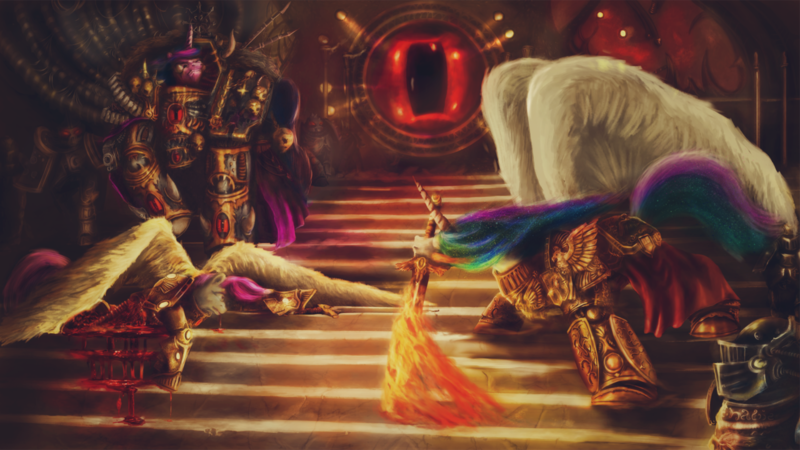 Size: 1280x720 | Tagged: grimdark, artist:stdeadra, derpibooru import, fluttershy, princess celestia, twilight sparkle, ponified, pony, blood, crossover, ponyhammer, ponyhammer 40k, warhammer (game), warhammer 40k