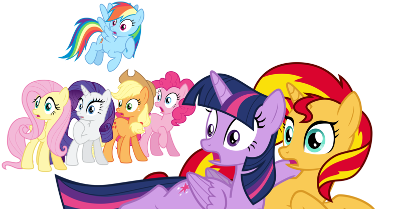 Size: 6000x3129 | Tagged: safe, artist:pilot231, derpibooru import, applejack, fluttershy, pinkie pie, rainbow dash, rarity, sunset shimmer, twilight sparkle, twilight sparkle (alicorn), alicorn, earth pony, pegasus, pony, unicorn, equestria girls, equestria girls (movie), canon, female, flying, horn, lying down, mane six, mare, open mouth, raised hoof, shocked, simple background, surprised, transparent background, vector, wings