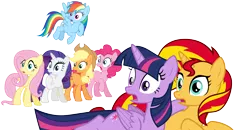 Size: 6000x3129 | Tagged: safe, artist:pilot231, derpibooru import, applejack, fluttershy, pinkie pie, rainbow dash, rarity, sunset shimmer, twilight sparkle, twilight sparkle (alicorn), alicorn, earth pony, pegasus, pony, unicorn, equestria girls, equestria girls (movie), canon, female, flying, horn, lying down, mane six, mare, open mouth, raised hoof, shocked, simple background, surprised, transparent background, vector, wings