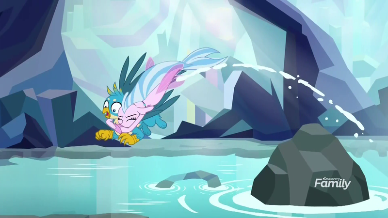 Size: 1920x1080 | Tagged: safe, derpibooru import, screencap, gallus, silverstream, gryphon, seapony (g4), what lies beneath, cave, discovery family logo, duo, eyes closed, female, glomp, leaping, male, nightmare cave, pond, shipping fuel, water