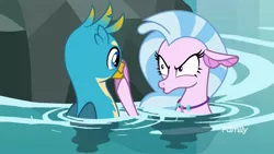 Size: 1920x1080 | Tagged: safe, derpibooru import, screencap, gallus, silverstream, gryphon, seapony (g4), what lies beneath, boop, discovery family logo, duo, female, male, nightmare cave, water